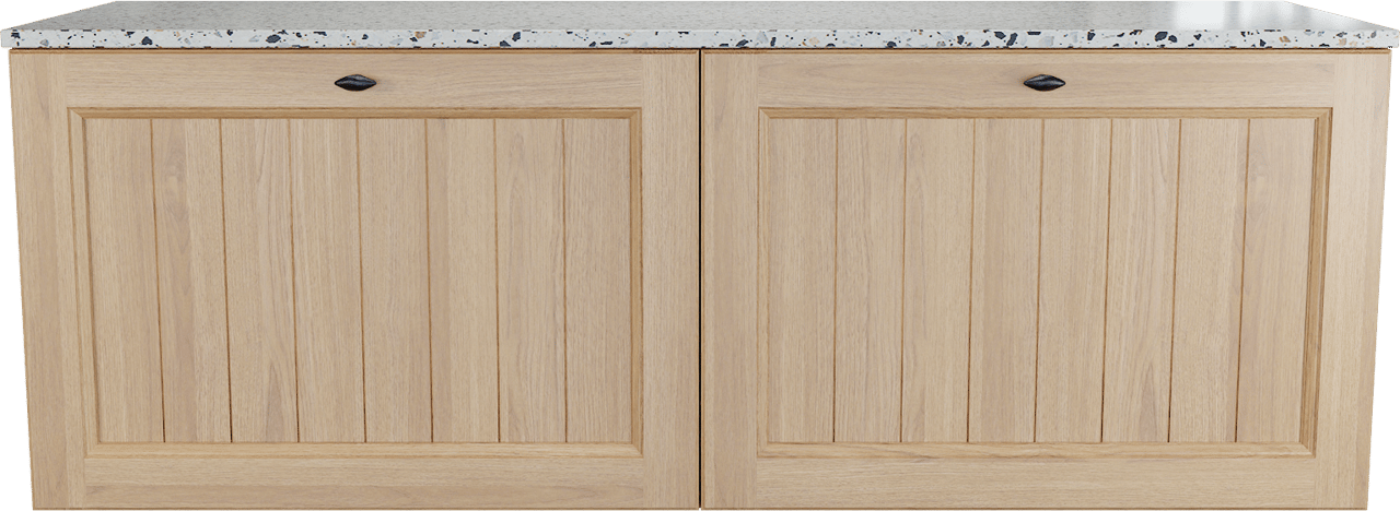 Balmani Lemon zwevend badkamermeubel 150 x 55 cm, fineer natuur eik met Stretto enkel of dubbel tablet in mat wit/zwart terrazzo