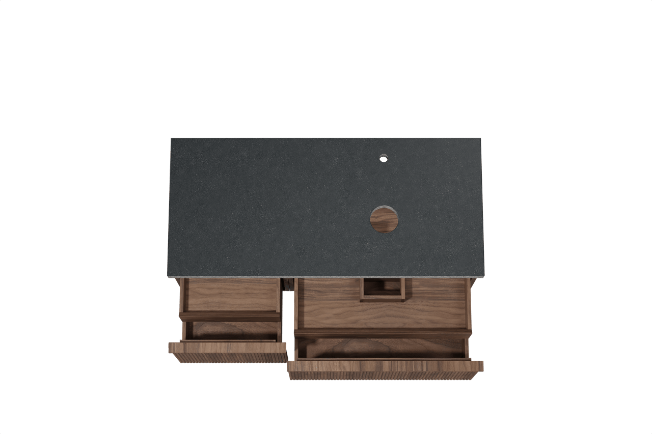 Balmani Forma hängendes Möbelstück Set: 120 x 55 cm, Amerikanischer Nussbaum, mit Rock Waschtisch rechts, Granit, Schwarzes Granit, Vertikale symmetrische gerade Rippe