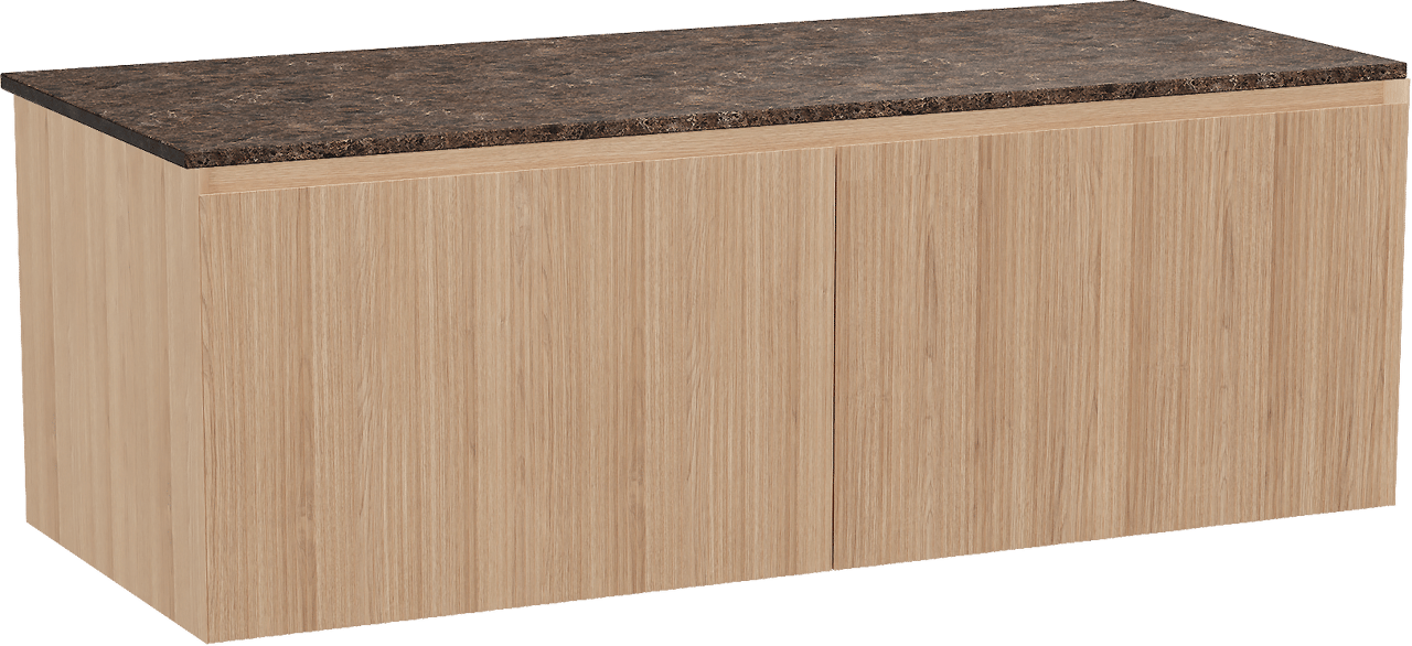 Balmani Fila zwevend badkamermeubel 135 x 55 cm natuur eik met Stretto enkel of dubbel tablet in marmer dark emperador, Verticale symmetrische rechte ribbel