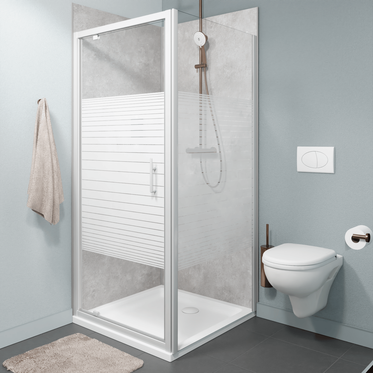 SanyOne Anton douchecabine met draaideur en vaste zijwand, 90 x 90 cm, gestreept glas, witte profielen