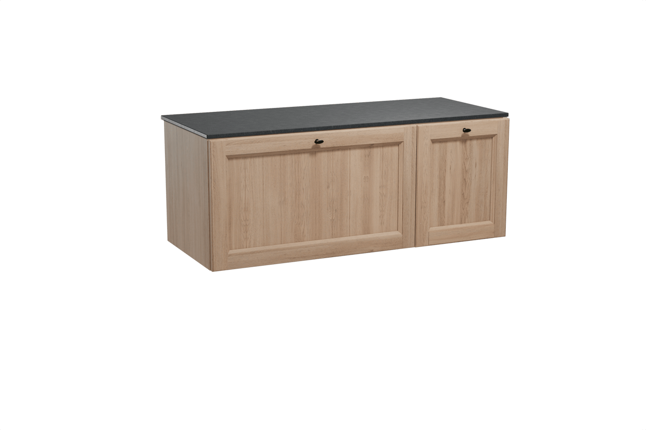 Balmani Lemon hängendes Möbelstück Set: 135 x 55 cm, Verwitterte Eiche, mit Stretto Einzel- oder Doppel Waschtischplatte, Schwarzes Granit