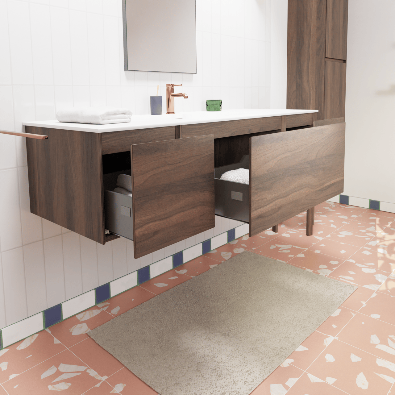 Storke Edge zwevend badmeubel 145 x 52 cm notenhout met Mata enkele wastafel in solid surface mat wit