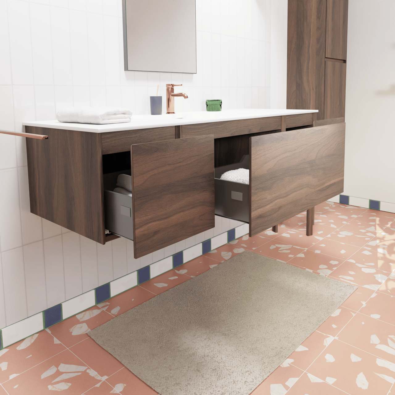 Storke Edge zwevend badkamermeubel 145 x 52 cm notelaar met Mata enkele wastafel in solid surface mat wit