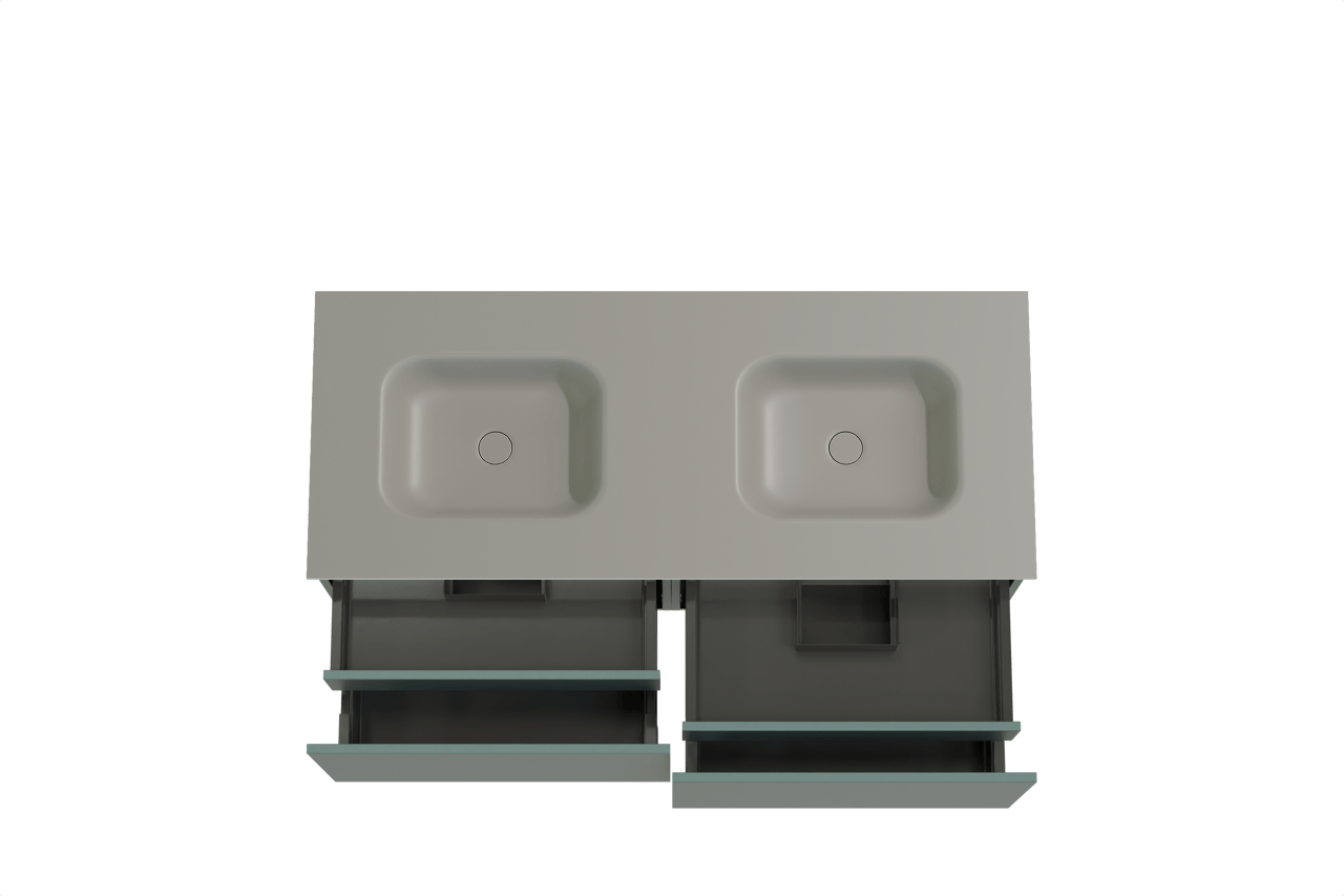 Balmani Sfera zwevend badkamermeubel 135 x 55 cm forest met Tablo Arcato dubbele wastafel in solid surface steengrijs