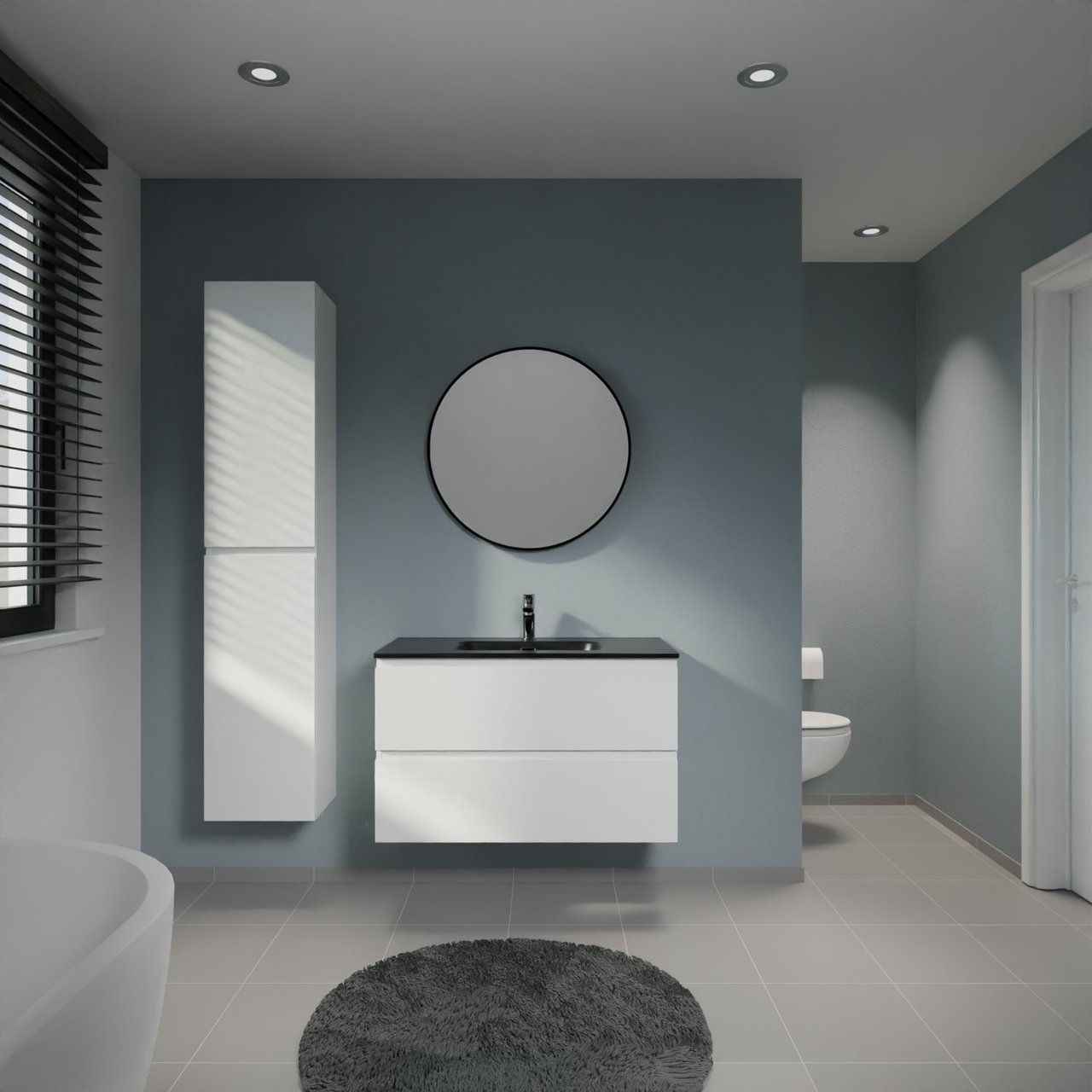 Linie Lado meuble salle de bains suspendu 90 x 46 cm blanc brillant avec Baro plan simple en porcelaine noir mat