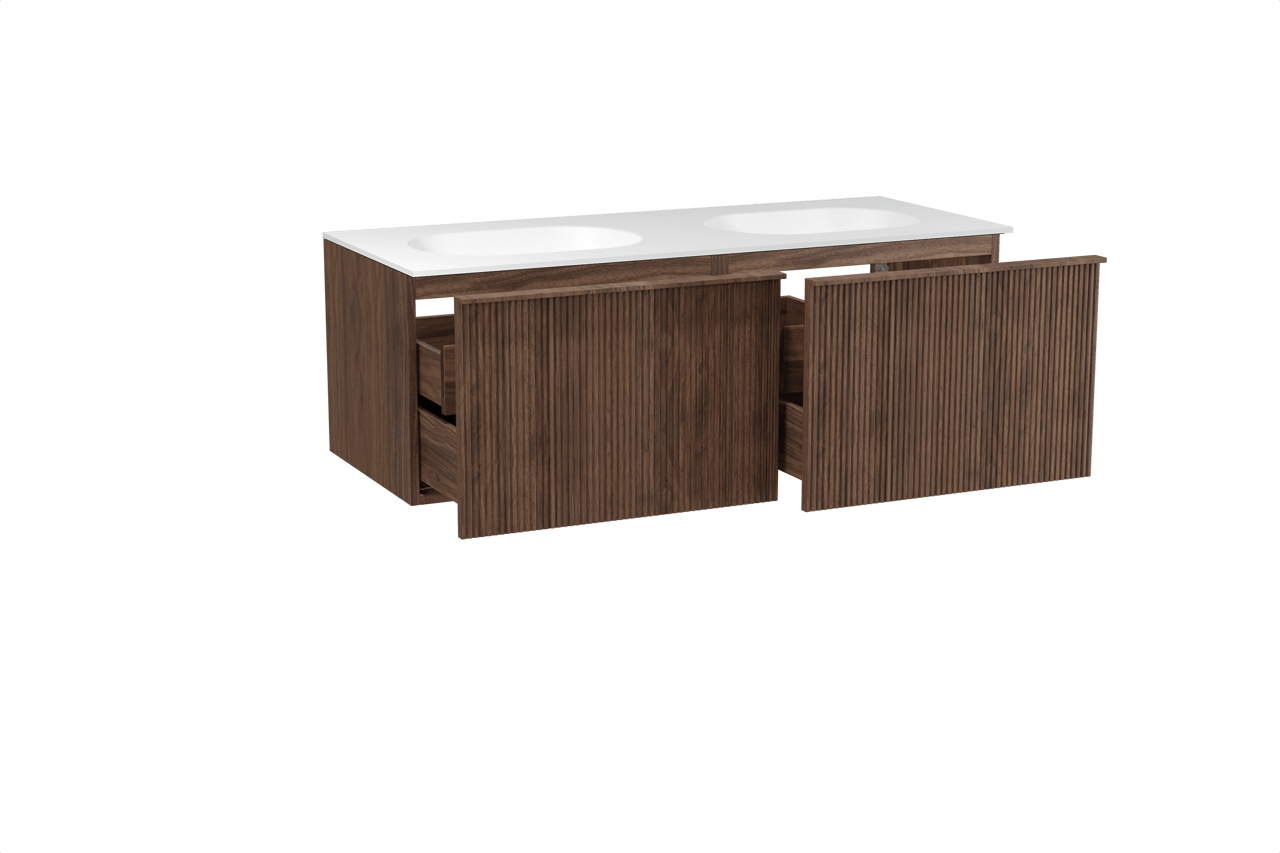 Balmani Forma meuble salle de bains suspendu 135 x 55 cm noyer américain avec Tablo Oval double vasque en solid surface blanc mat, Nervure droite symétrique verticale