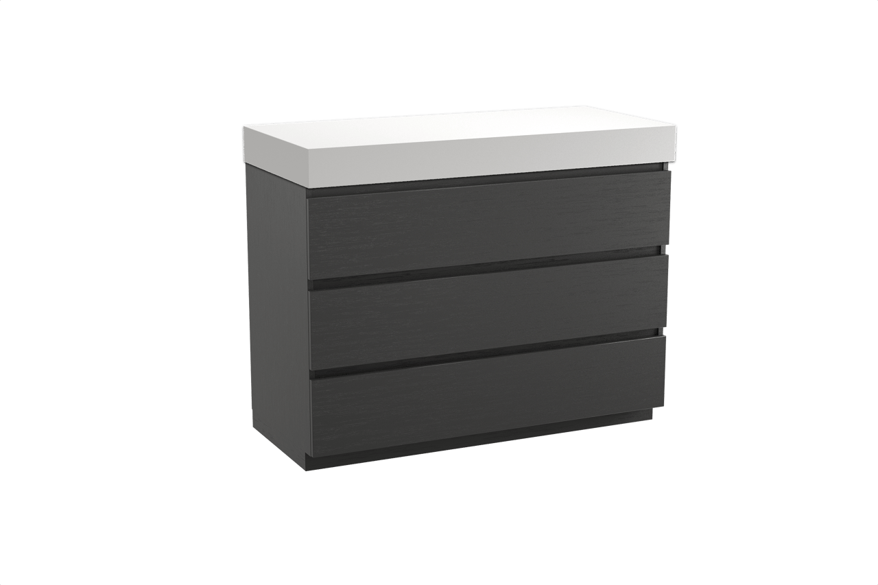 Balmani Lucida freistehendes Möbelstück Set: 120 x 55 cm, Schwarze Eiche, mit Dominus Einzel- oder Doppel Waschtischplatte, Solid Surface Weiß matt