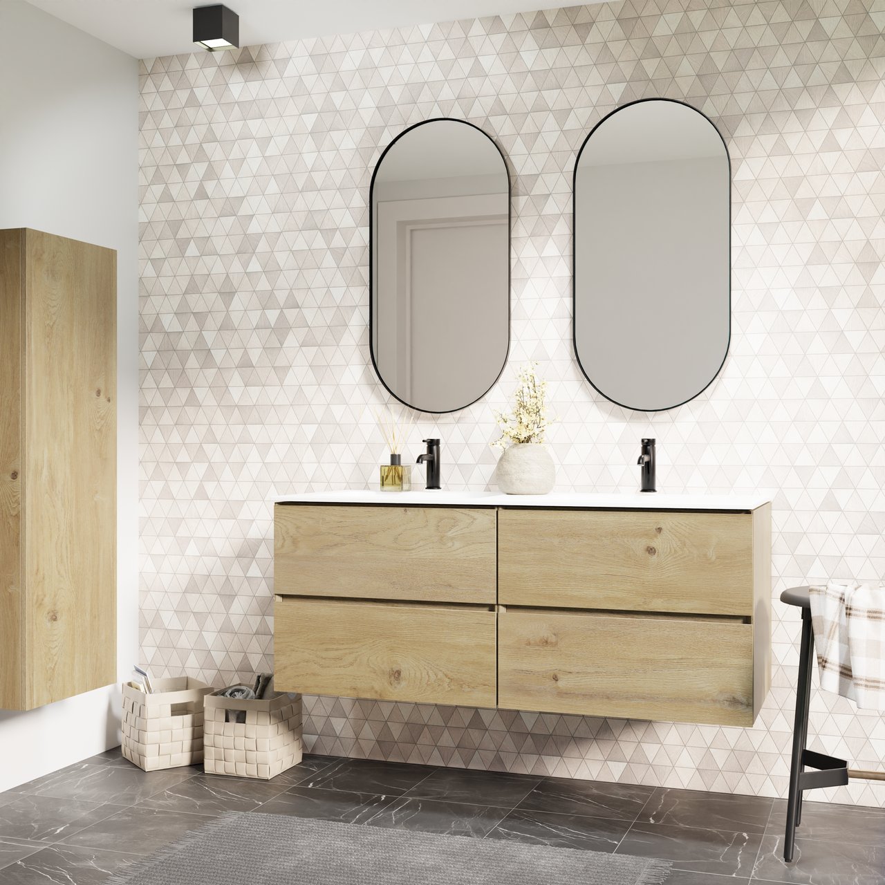 Storke Edge zwevend badmeubel 130 x 52 cm ruw eiken met Mata dubbele wastafel in solid surface mat wit