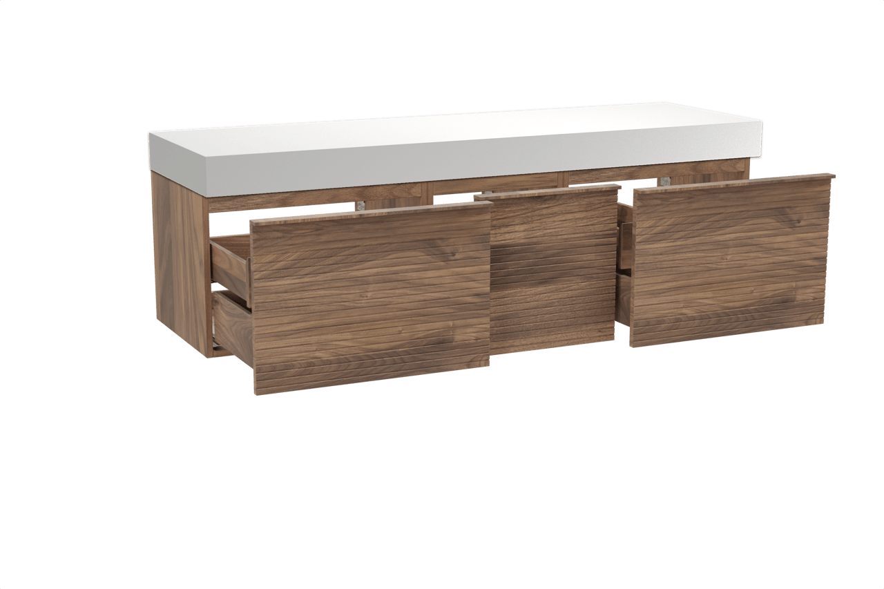 Balmani Forma zwevend badkamermeubel 180 x 55 cm amerikaanse notelaar met Dominus enkel of dubbel tablet in solid surface mat wit, Horizontale symmetrische rechte ribbel