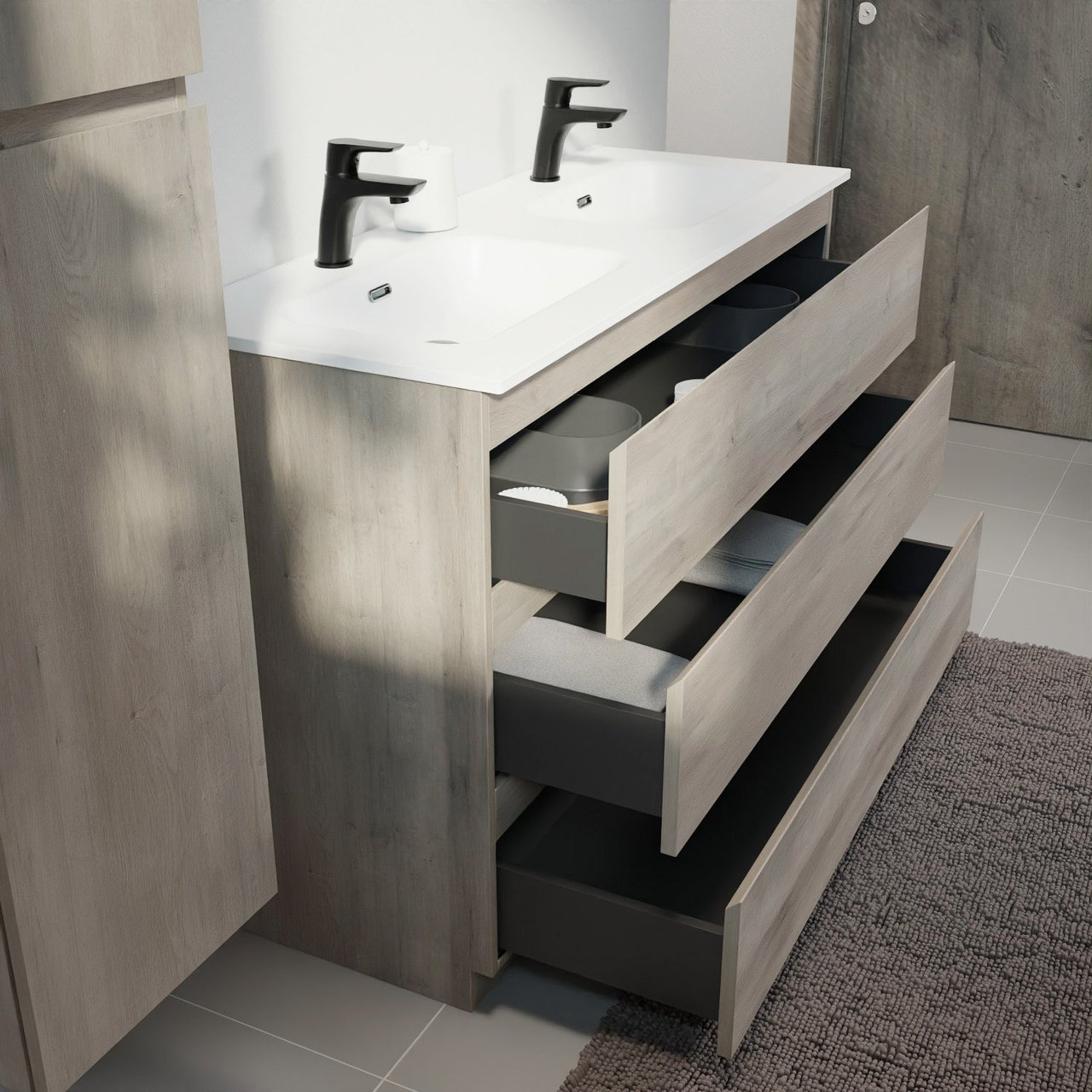 Linie Lado meuble salle de bains à poser 120 x 46 cm chêne gris avec Baro double vasque en porcelaine blanc mat