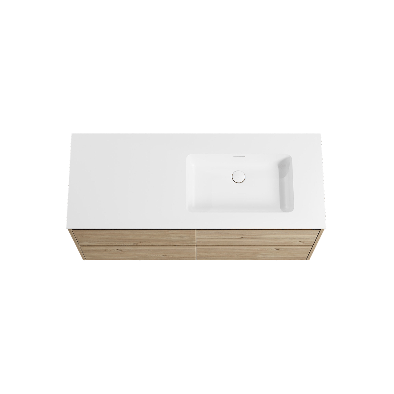 Storke Seda zwevend badmeubel 130 x 52 cm ruw eiken met Mata asymmetrisch rechtse wastafel in solid surface mat wit