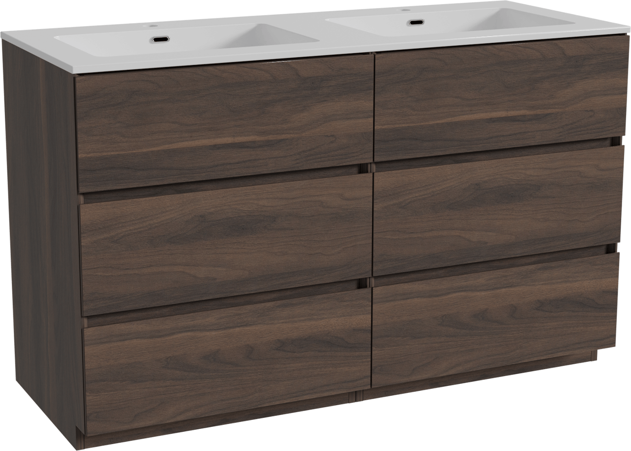 Storke Edge meuble salle de bains à poser 130 x 52 cm noyer avec Diva double vasque en marbre composite blanc brillant