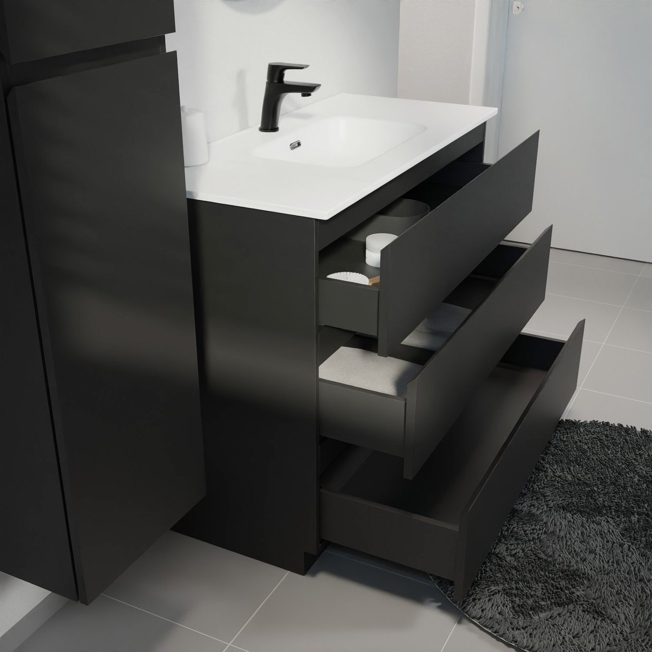 Linie Lado meuble salle de bains à poser 100 x 46 cm noir mat avec Baro plan simple en porcelaine blanc mat