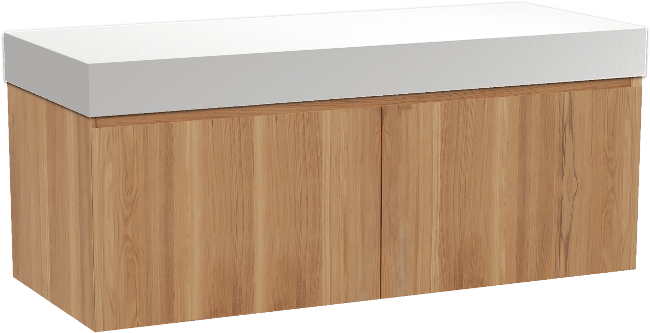 Balmani Idra hängendes Möbelstück Set: 135 x 55 cm, Teak, mit Dominus Einzel- oder Doppel Waschtischplatte, Solid Surface Weiß matt