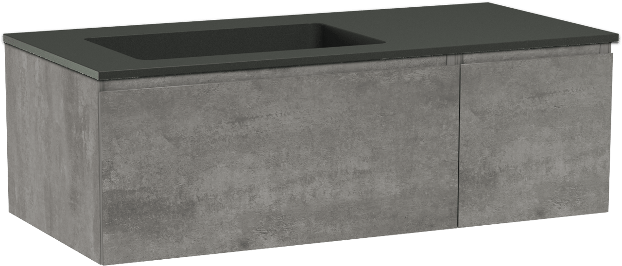 Storke Edge zwevend badkamermeubel 110 x 52 cm beton donkergrijs met Scuro asymmetrisch linkse wastafel in kwarts mat zwart