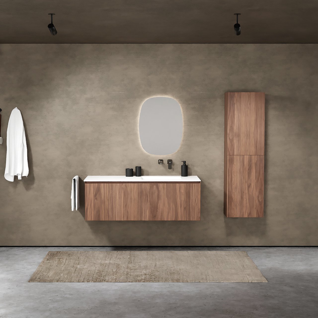 Balmani Idra meuble salle de bains suspendu 135 x 55 cm noyer avec Tablo Arcato vasque asymétrique droite en solid surface blanc mat