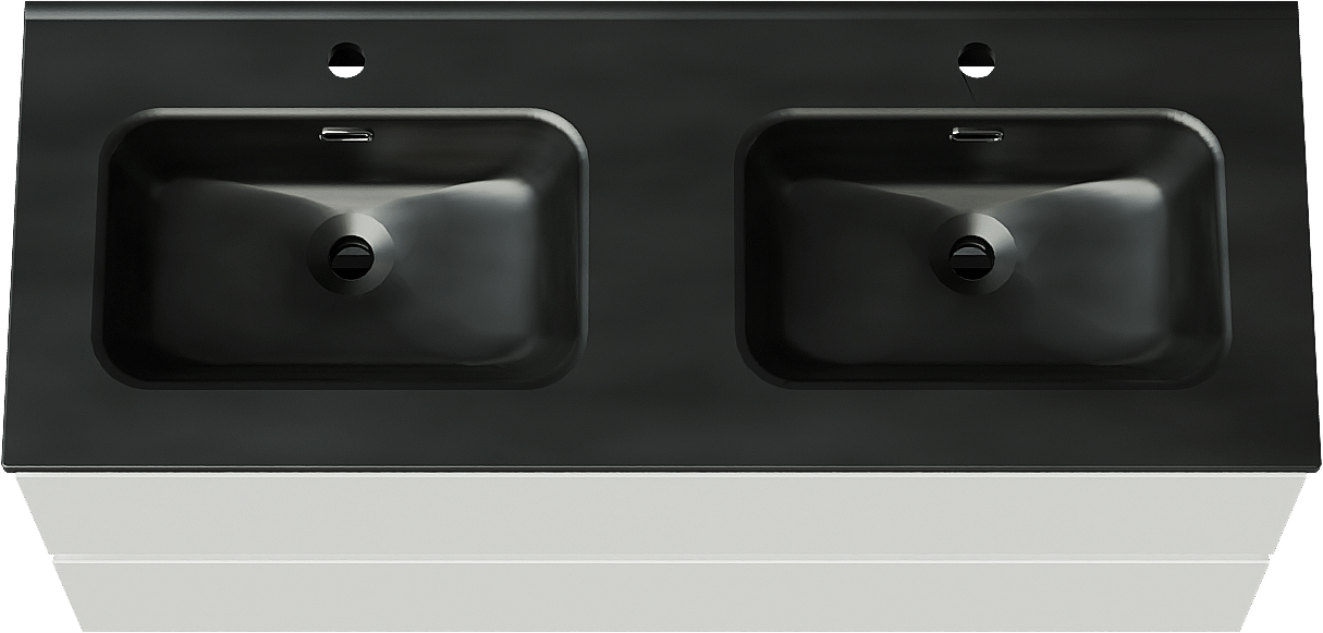 Linie Lado hängendes Möbelstück Set: 120 x 46 cm, Weiß glänzend, mit Baro Doppelwaschtisch, Porzellan Schwarz matt