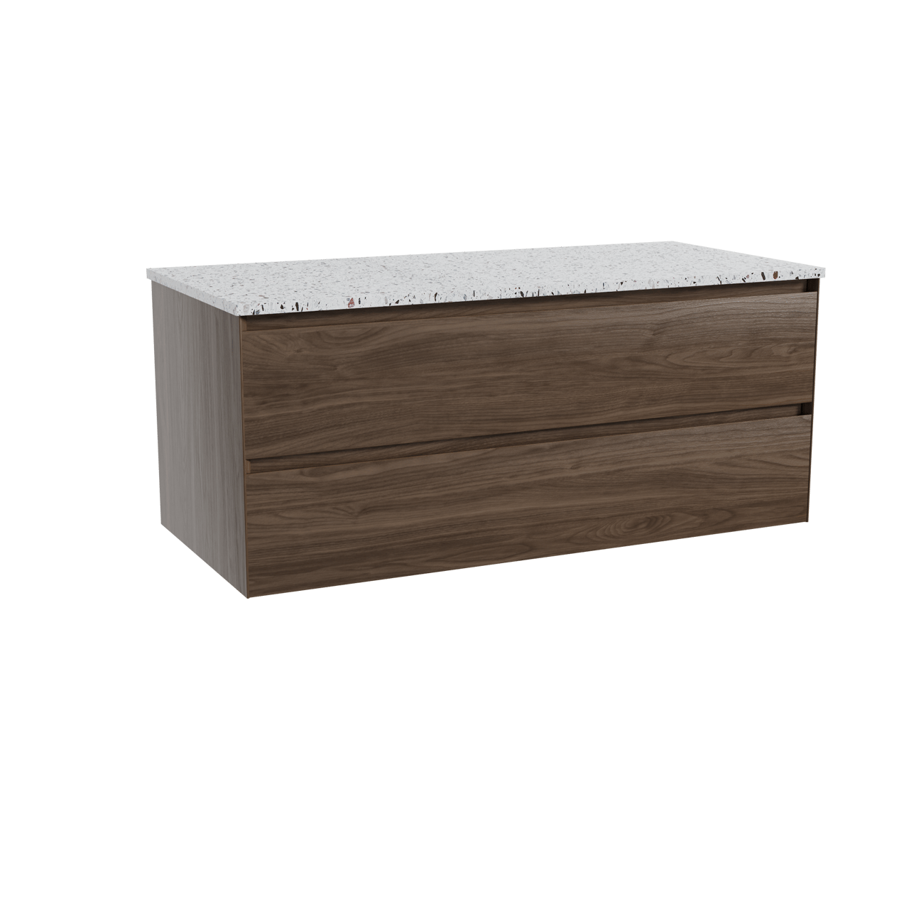 Balmani Mitra hängendes Möbelstück Set: 120 x 55 cm, Amerikanischer Nussbaum, mit Stretto Einzel- oder Doppel Waschtischplatte, Terrazzo in Weiß/Schwarz matt