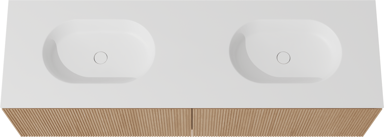 Balmani Eclips zwevend badkamermeubel 180 x 55 cm Natuur eik met Tablo Oval dubbele wastafel in Solid Surface mat wit, Verticale symmetrische rechte ribbel