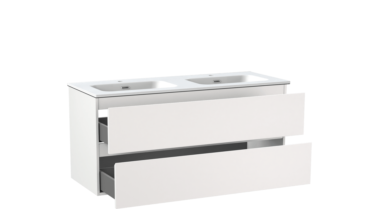 Linie Lado meuble salle de bains suspendu 120 x 46 cm blanc mat avec Baro double vasque en porcelaine blanc mat