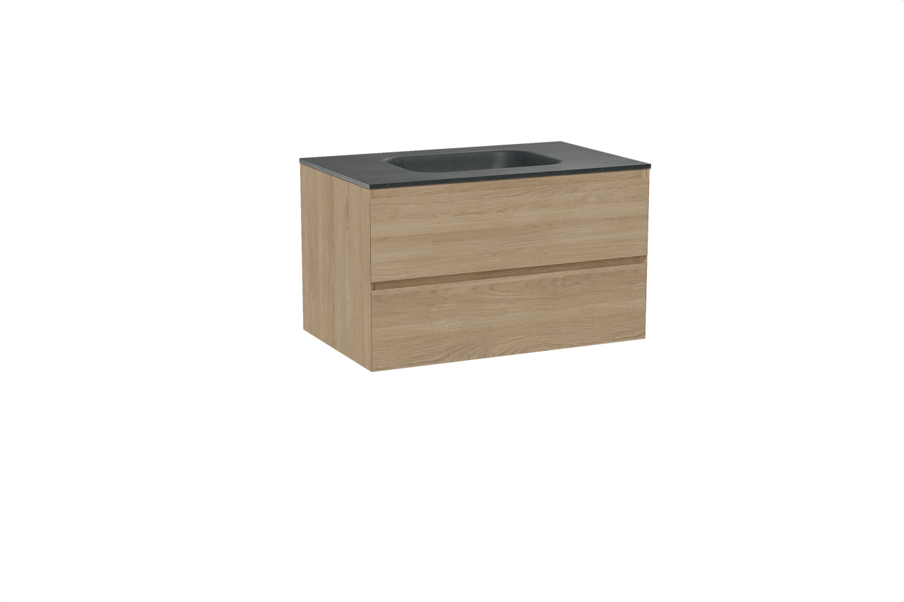 Balmani Mitra zwevend badkamermeubel 90 x 55 cm natuur eik met Tablo Arcato enkele wastafel in graniet zwart