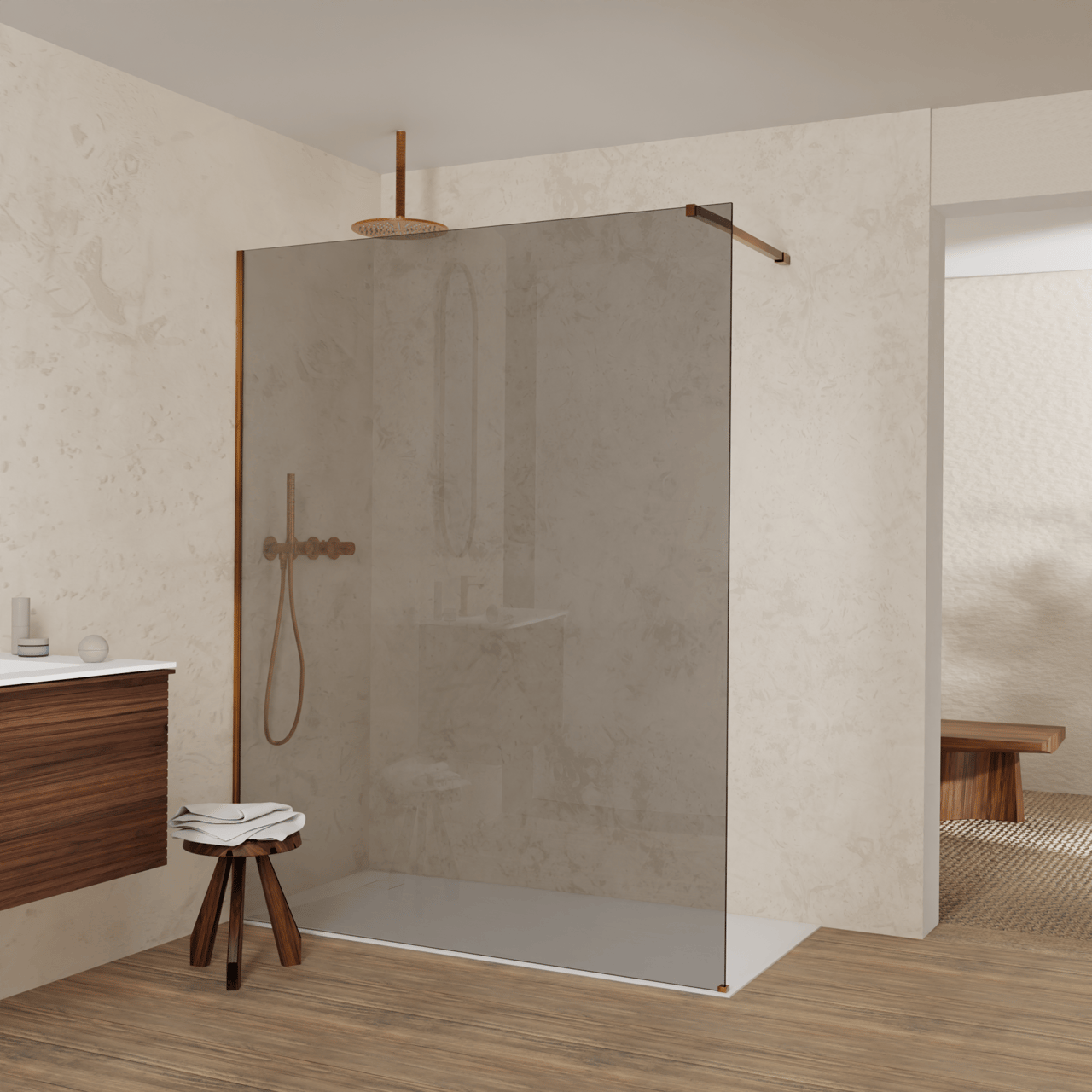 Balmani Modular Walk-In Dusche: 160 x 200 cm, Rauchglas, inklusive Coating, Profil Brushed Rosegold