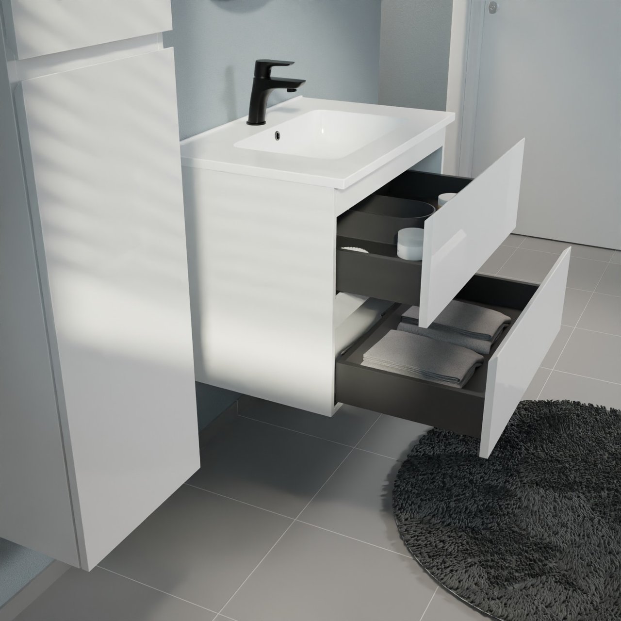 Linie Lado meuble salle de bains suspendu 70 x 46 cm blanc brillant avec Vano plan simple en marbre composite blanc brillant