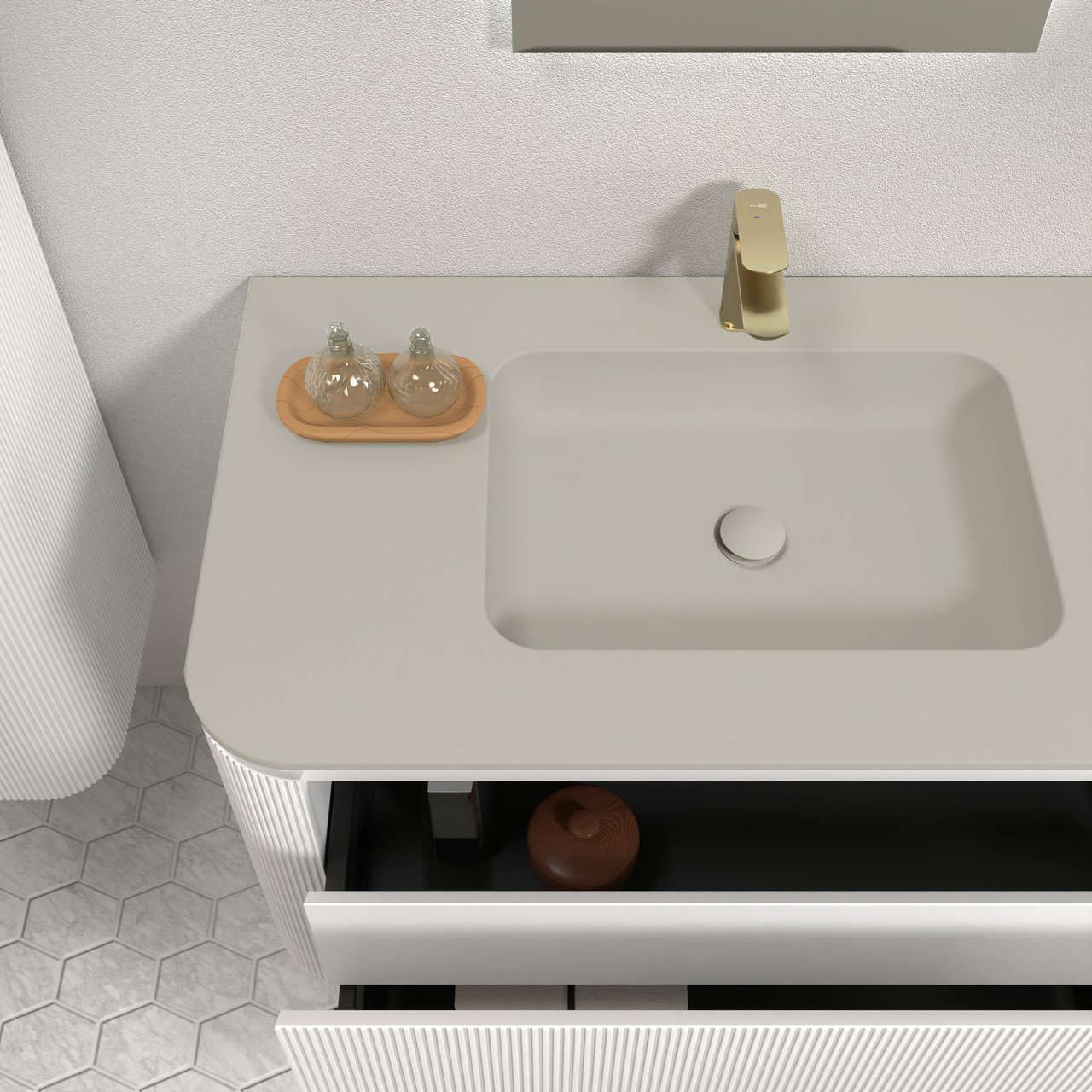 Balmani Moon meuble salle de bains suspendu 130 x 55 cm blanc mat avec Moon plan simple en top solid soie grise, Nervure droite symétrique verticale