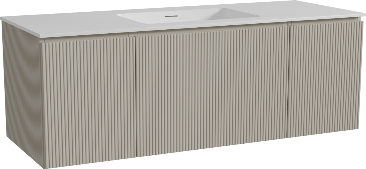Storke Ribs zwevend badmeubel 135 x 52 cm zijdegrijs met Mata enkele wastafel in solid surface mat wit, Verticale symmetrische rechte ribbel