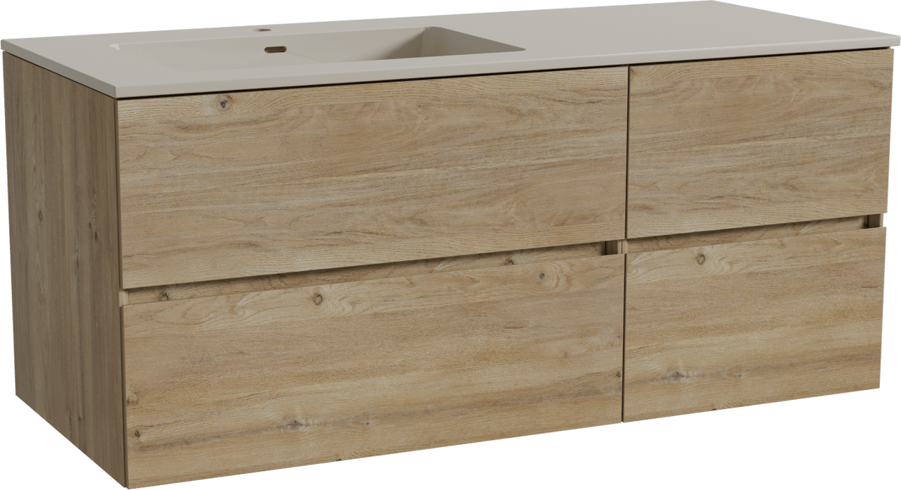 Storke Edge zwevend badmeubel 120 x 52 cm ruw eiken met Diva asymmetrisch linkse wastafel in top solid zijdegrijs