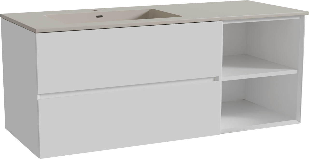 Storke Edge hängendes Möbelstück Set: 130 x 52 cm, Weiß glänzend, mit Diva Waschtisch links, Top Solid Seidengrau