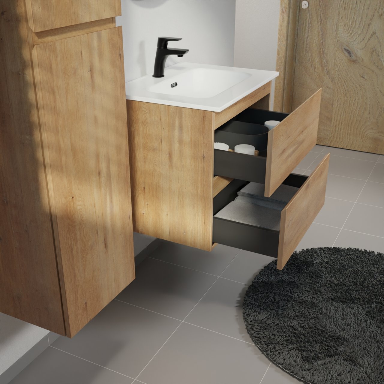 Linie Lado meuble salle de bains suspendu 60 x 46 cm chêne naturel avec Baro plan simple en porcelaine blanc brillant