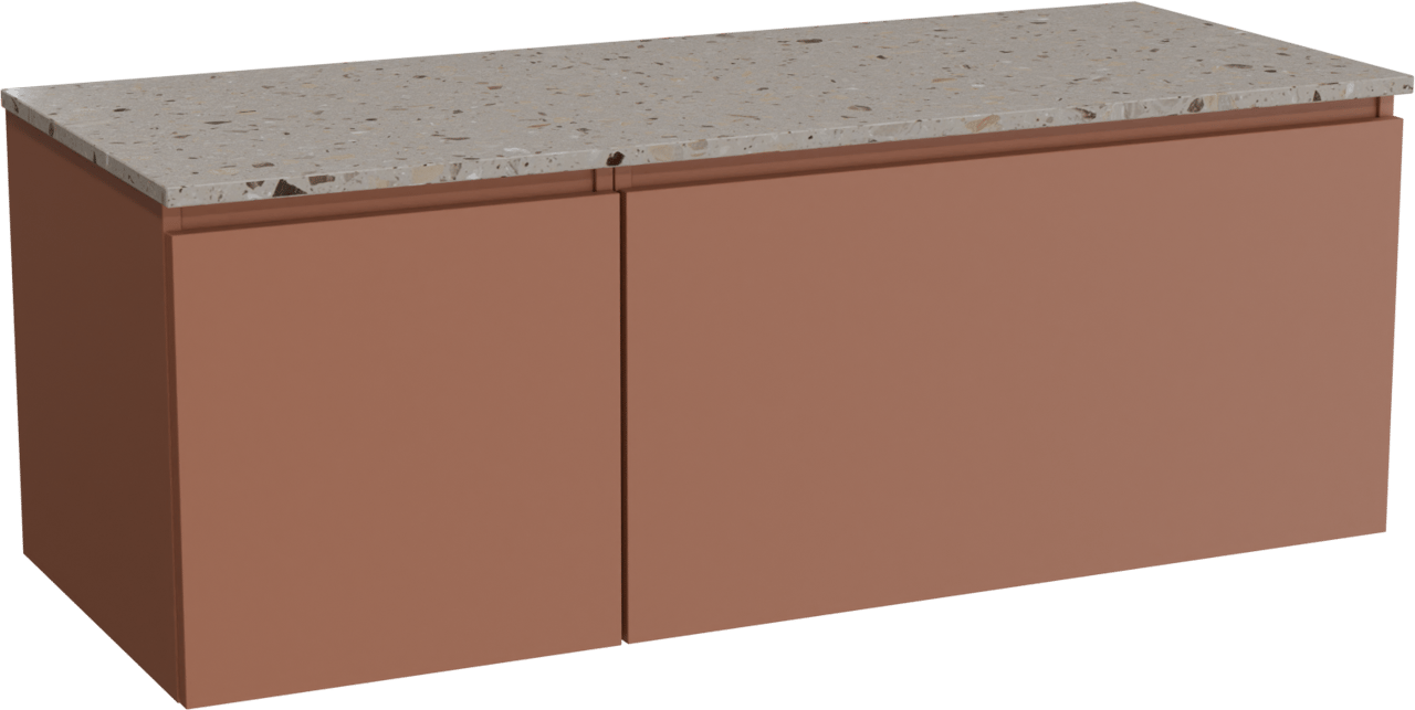 Balmani Sfera zwevend badmeubel 135 x 55 cm cotto met Stretto enkel of dubbel wastafelblad in terrazzo greige terrazzo