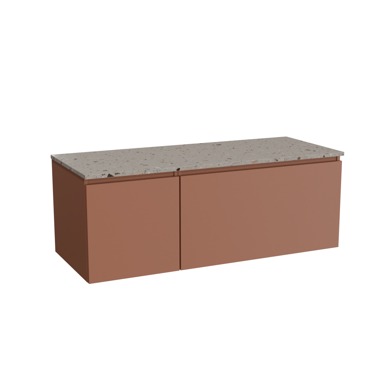 Balmani Sfera hängendes Möbelstück Set: 135 x 55 cm, Cotto, mit Stretto Einzel- oder Doppel Waschtischplatte, Terrazzo in Greige