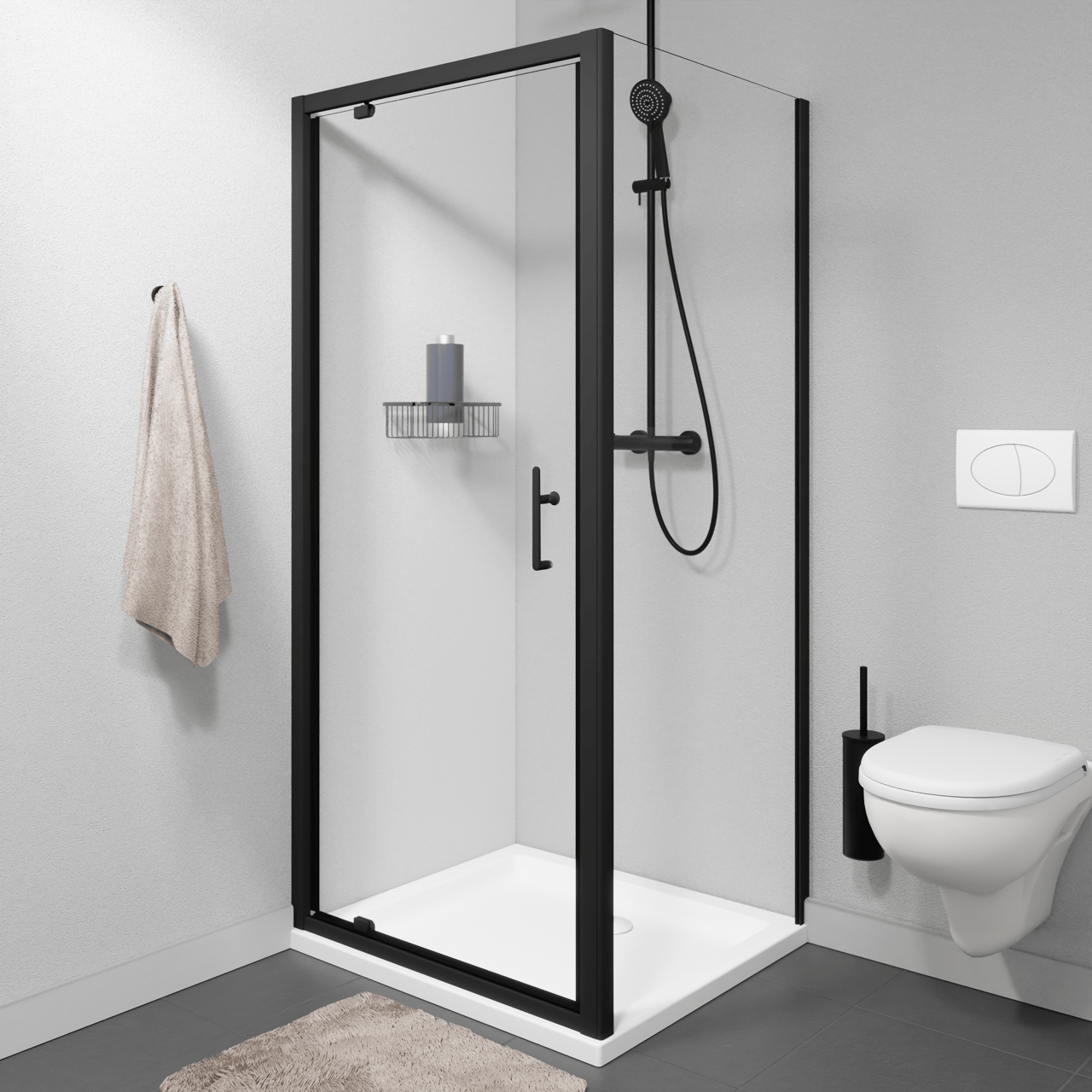 Linie Cadiz Eckdusche Drehtür mit fixierter Seitenwand, 80 x 90 cm, Klarglas, Profil Schwarz