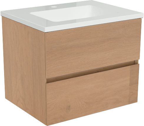 Storke Edge zwevend badmeubel 60 x 46 cm ruw eiken met Diva enkele wastafel in composietmarmer hoogglans wit