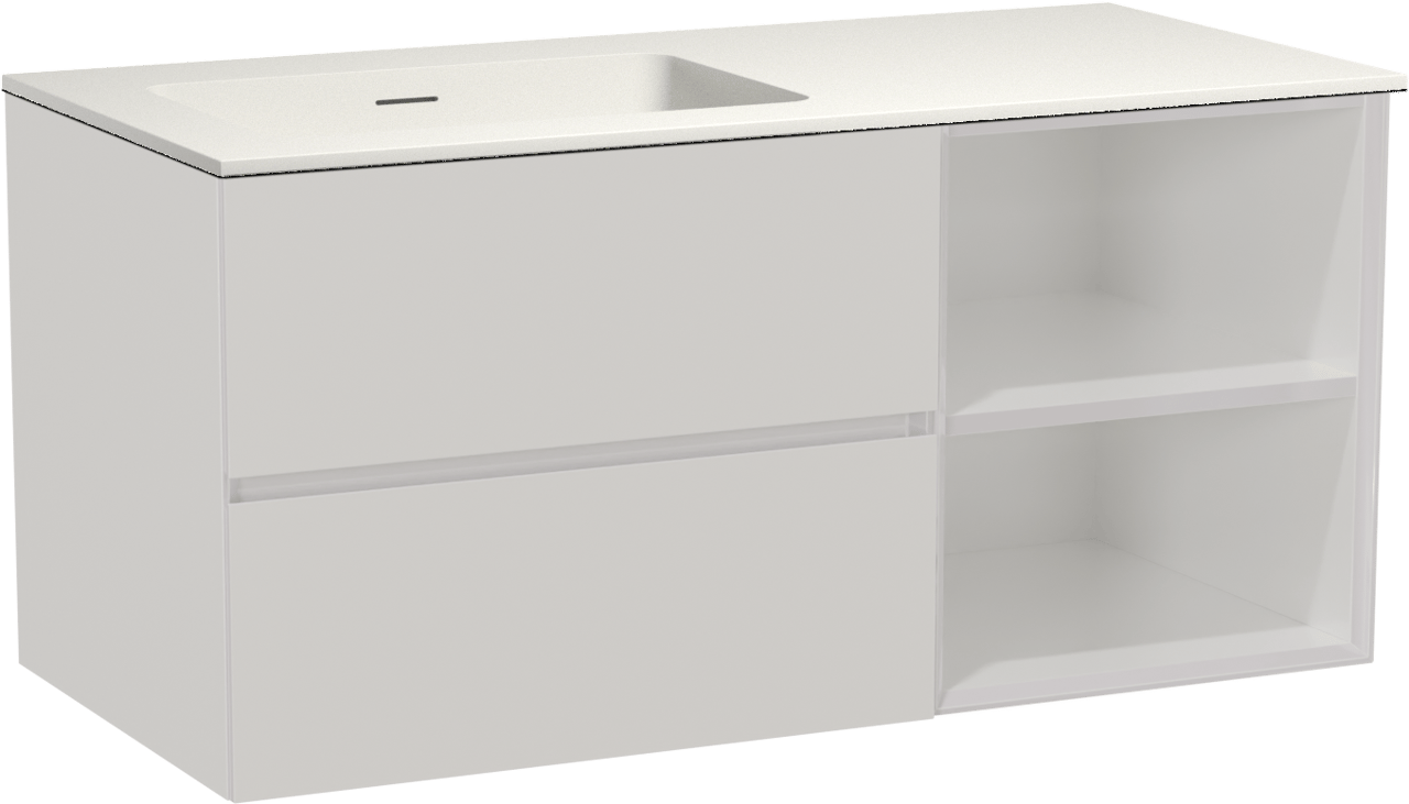 Storke Edge zwevend badmeubel 110 x 52 cm hoogglans wit met Mata asymmetrisch linkse wastafel in solid surface mat wit