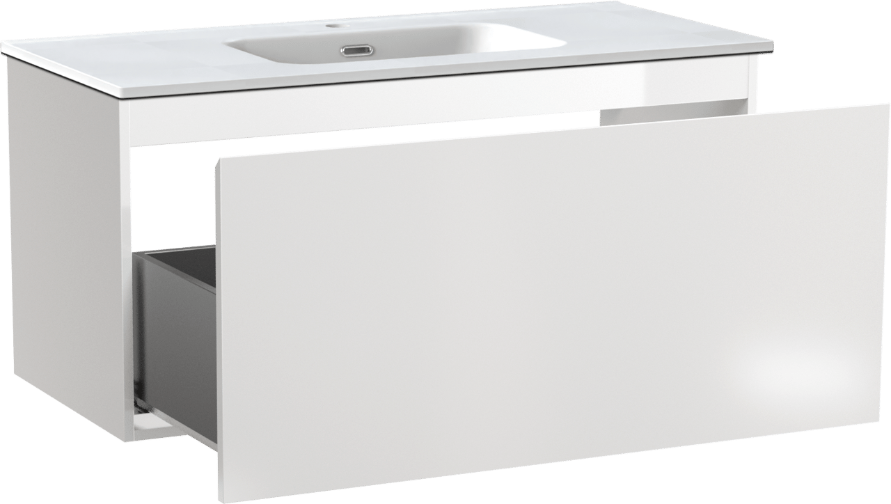 Linie Lado zwevend badkamermeubel 100 x 46 cm glanzend wit met Baro enkele wastafel in porselein mat wit