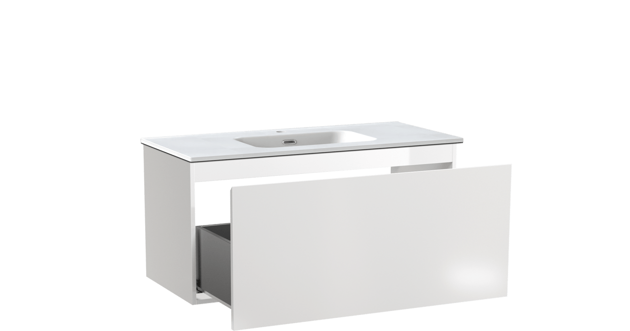 Linie Lado zwevend badkamermeubel 100 x 46 cm glanzend wit met Baro enkele wastafel in porselein mat wit