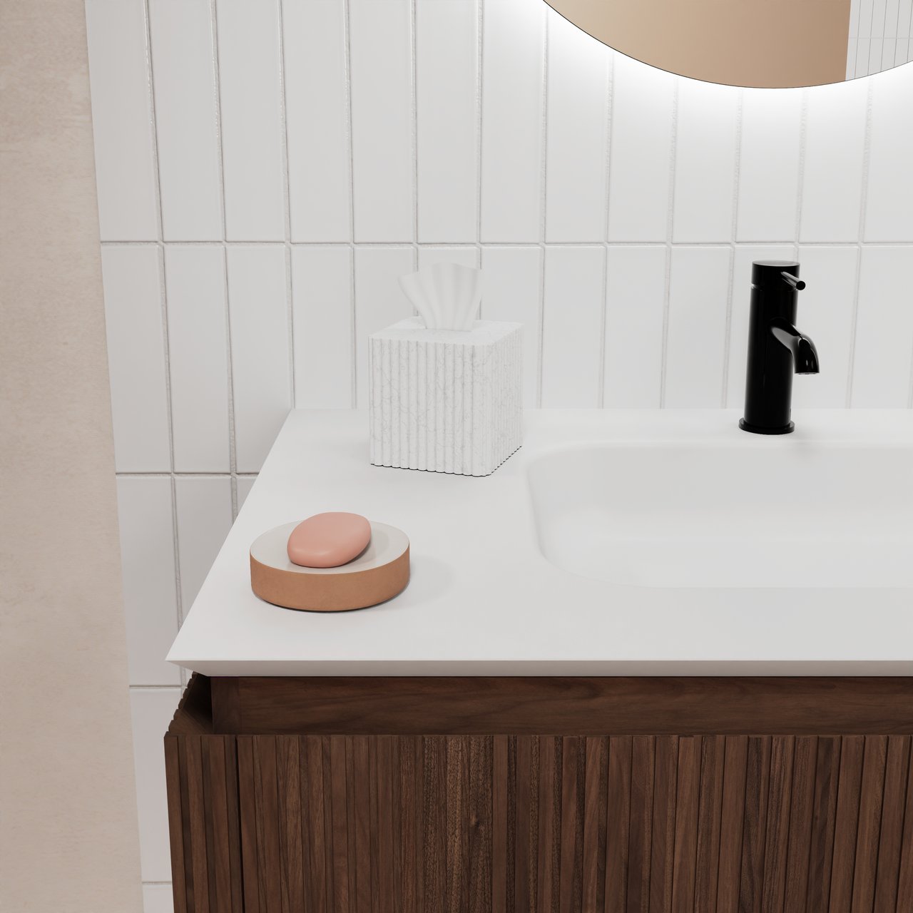 Balmani Eclips meuble salle de bains suspendu 120 x 55 cm Noyer américain avec Eclips plan simple en Solid Surface blanc mat, Nervure droite symétrique verticale