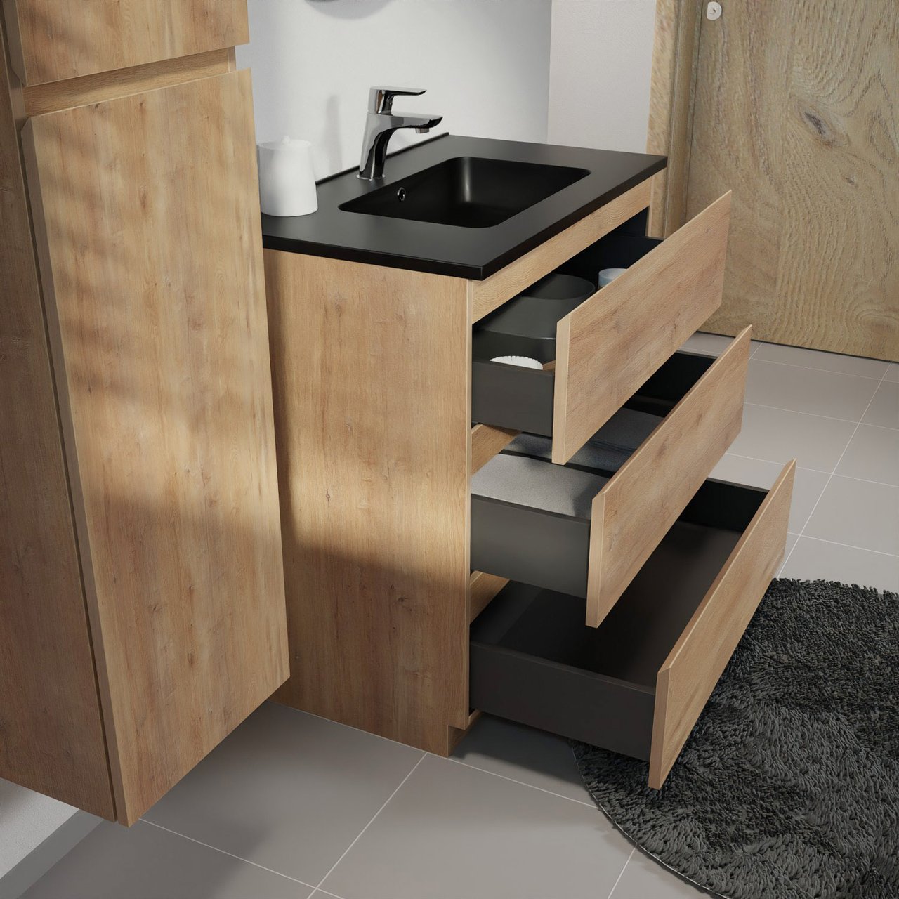 Linie Lado staand badkamermeubel 80 x 46 cm natuur eik met Vano enkele wastafel in composietmarmer mat zwart