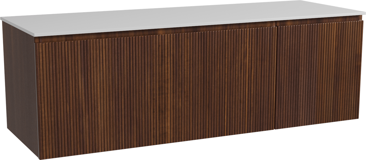 Storke Ribs zwevend badmeubel 150 x 52 cm notenhout met Tavola enkel of dubbel wastafelblad in solid surface mat wit, Verticale symmetrische rechte ribbel