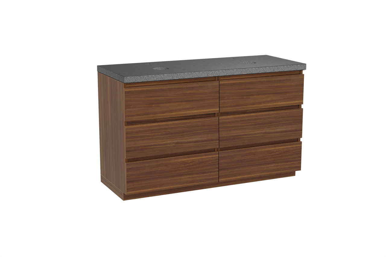 Balmani Lucida freistehendes Möbelstück Set: 135 x 55 cm, Amerikanischer Nussbaum, mit Rock Doppel Waschtischplatte, Schwarzes Granit