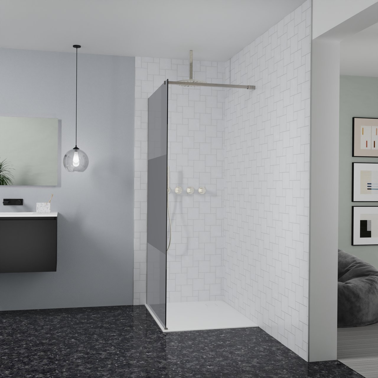 Balmani Modular Walk-In Dusche: 100 x 200 cm, Rauchglas mit mattiertem Streifen, Profil Brushed CoolMetal