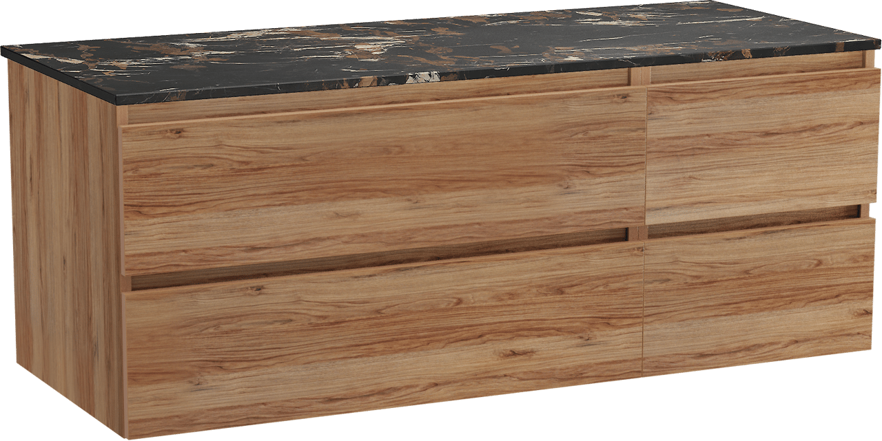 Balmani Lucida zwevend badkamermeubel 135 x 55 cm teak met Stretto enkel of dubbel tablet in marmer portoro gold