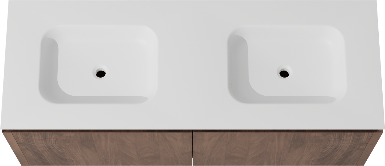 Balmani Eclips meuble salle de bains suspendu 150 x 55 cm Noyer américain avec Eclips double vasque en Solid Surface blanc mat