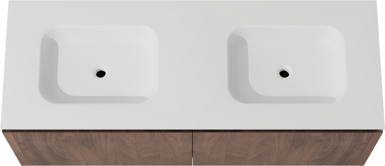 Balmani Eclips meuble salle de bains suspendu 150 x 55 cm Noyer américain avec Eclips double vasque en Solid Surface blanc mat