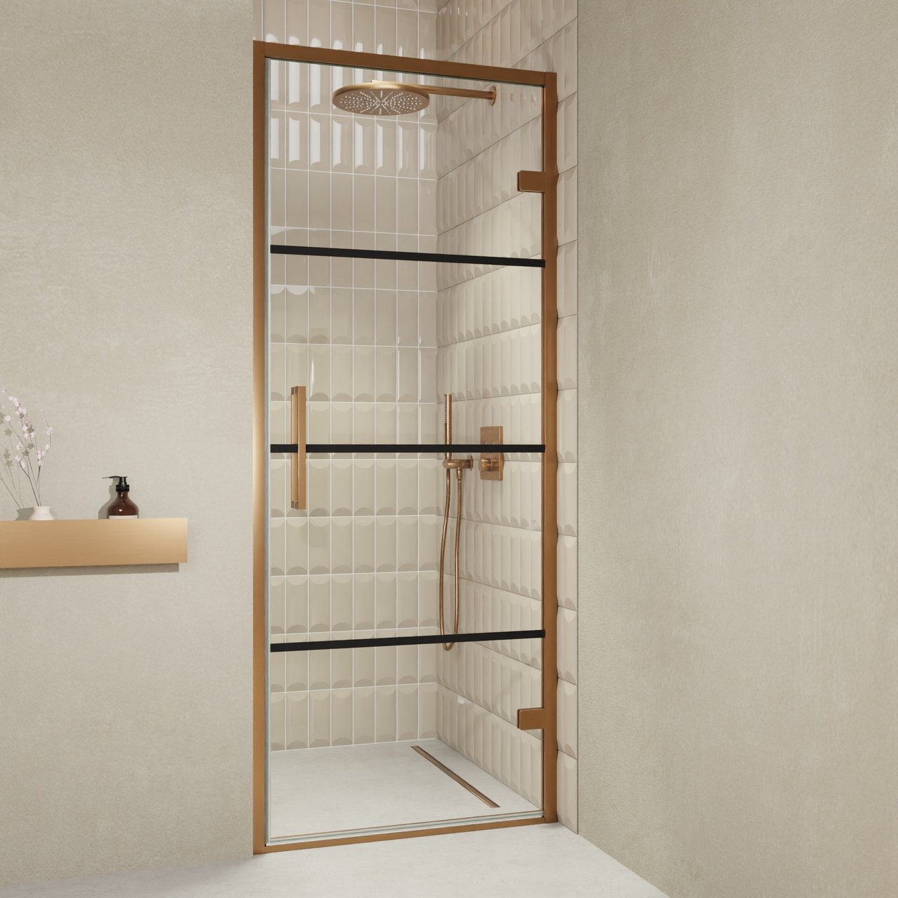 Balmani Senses Design douche draaideur rechts 90 cm x 210 cm Lined glas, Brushed Rosegold profielen, met coating