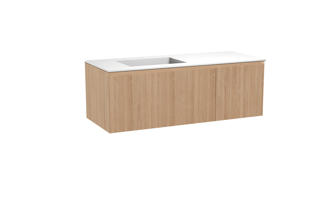 Balmani Fila meuble salle de bains suspendu 135 x 55 cm chêne naturel avec Tablo Stretto plan vasque asymétrique à gauche en solid surface blanc mat, Nervure droite symétrique verticale