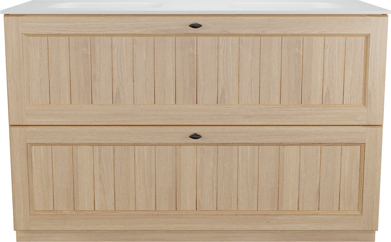 Balmani Lemon staand badkamermeubel 135 x 55 cm, fineer natuur eik met Tablo Arcato dubbele wastafel in mat wit